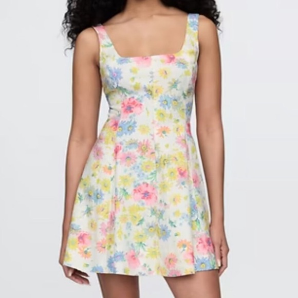 GAP Sleeveless Square Neck Linen-Blend Mini Dress Yellow Floral Size M NWT - Picture 1 of 14